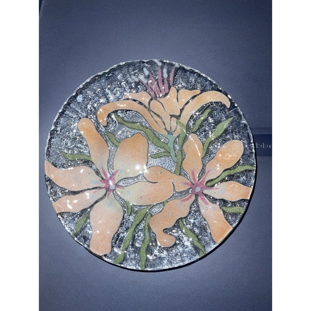 Sydenstricker Fused Art Glass 7 In. Plate Stargazer Lily Pattern Peach Floral